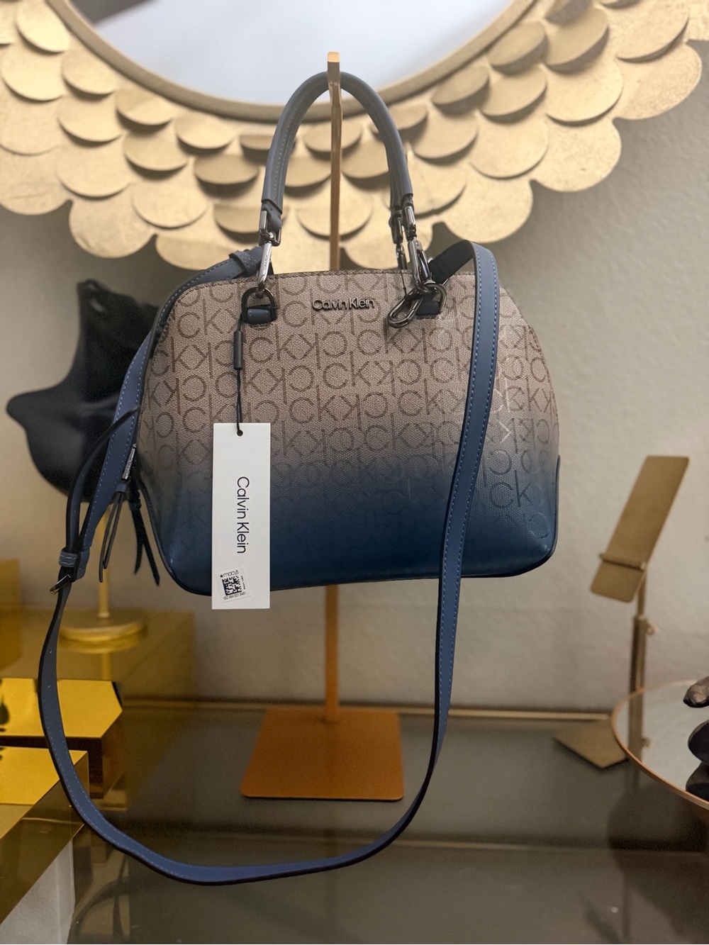 Calvin Klein Blue Ombré Monogram Satchel Crossbody Bag NWT w/ Dust Bag - Picture 7 of 14